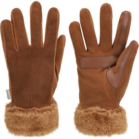 Women Water Repellent Faux Fur Cuff Gloves Touchscreen Stretch Small-Medium - Picture 5 of 6